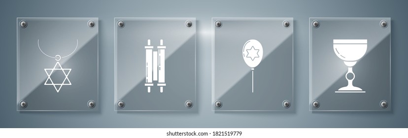 Set Jewish goblet, Balloons with ribbon with star of david, Torah scroll and Star of David necklace on chain. Square glass panels. Vector