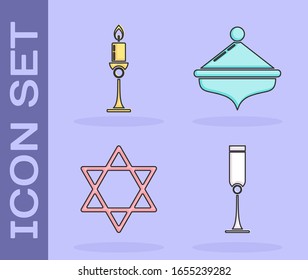 Set Jewish goblet, Burning candle in candlestick, Star of David and Hanukkah dreidel icon. Vector
