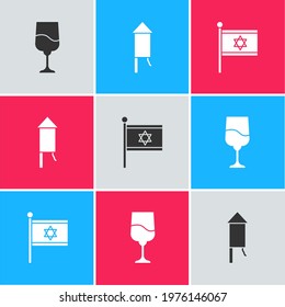 Set Jewish goblet, Firework rocket and Flag of Israel icon. Vector