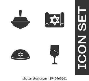 Set Jewish goblet, Hanukkah dreidel, kippah and Torah scroll icon. Vector