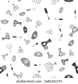 Set Jewish goblet, Hanukkah menorah, Jewish money bag with star of david and coin and Jewish kippah with star of david on seamless pattern. Vector