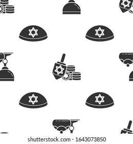 Set Jewish goblet and hanukkah sufganiyot, Hanukkah dreidel and coin and Jewish kippah with star of david on seamless pattern. Vector