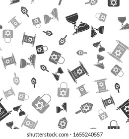 Set Jewish goblet and hanukkah sufganiyot, Hanukkah dreidel, Torah scroll and Shopping bag with star of david on seamless pattern. Vector