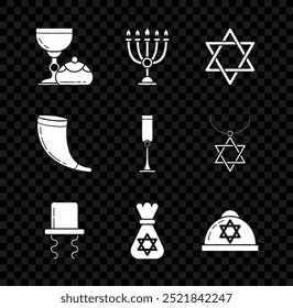 Set jüdische Kelch und hanukkah sufganiyot, Hanukkah menorah, Stern von David, orthodoxe jüdische Hut mit Seitenschlössern, Geldbeutel Stern david, kippah, Traditionelle Rammhorn, shofar und Ikone. Vektorgrafik