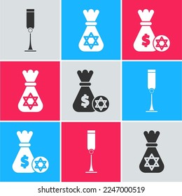 Set Jewish goblet, Jewish money bag with star of david and Jewish money bag with star of david and coin icon. Vector