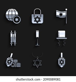 Set Jewish goblet, Star of David necklace on chain, Hanukkah dreidel, Orthodox jewish hat with sidelocks, and coin, Torah scroll, Flag Israel and World Globe icon. Vector