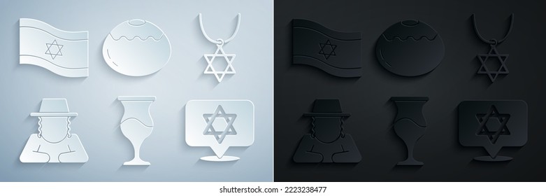 Set Jewish goblet, Star of David necklace on chain, Orthodox jewish hat, sweet bakery and Flag Israel icon. Vector