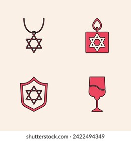 Set Jewish goblet, Star of David necklace on chain, Burning candle and Shield with icon. Vector