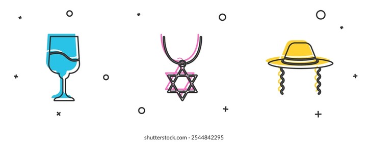 Set Jewish goblet, Star of David necklace on chain and Orthodox jewish hat icon. Vector