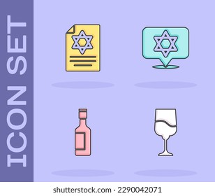 Set Jewish goblet, Torah scroll, wine bottle and Star of David icon. Vector