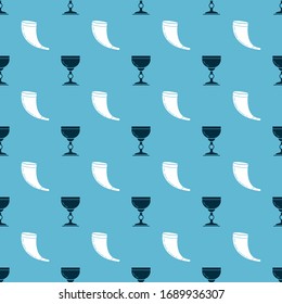 Set Jewish goblet and Traditional ram horn, shofar on seamless pattern. Vector