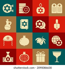 Set Jewish goblet, World Globe and Israel, Hanukkah dreidel, Burning candle, torah book, Bottle of olive oil, synagogue and Star David icon. Vector
