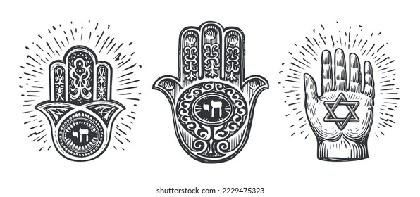 Set of Jewish Hamsa amulet or talisman, hand Miriam, hand with star of David and inscription in Hebrew of word Life