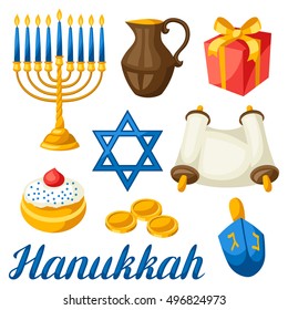 Set of Jewish Hanukkah celebration objects and icons.