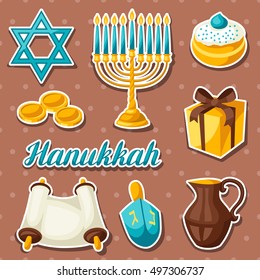 Set of Jewish Hanukkah celebration sticker objects and icons.