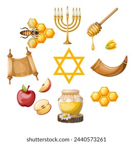 Set of Jewish holiday Rosh Hashanah objects and symbols. Freehand drawing, isolate on white background vector.