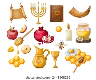Set of Jewish holiday Rosh Hashanah objects and symbols. Freehand drawing, isolate on white background vector. svg
