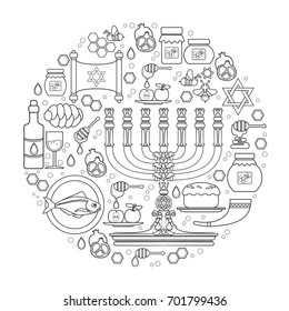 Set of jewish holiday Rosh Hashanah design outline elements made in circle. Menorah, apple, honey, fish, wine,  pomegranate and Jewish star. Black icons  isolated on white. Vector collection.