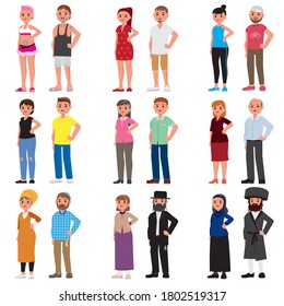 Set of  jewish Israeli couple men women standing in flat style. Israel people. Different kinds of Israelis. Vector illustration. Social concept.
