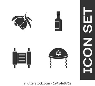 Set Jewish kippah, Olives branch, Torah scroll and wine bottle icon. Vector