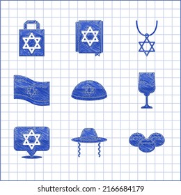 Set Jewish kippah, Orthodox jewish hat, sweet bakery, goblet, Star of David, Flag Israel, necklace on chain and Shopping bag with star david icon. Vector