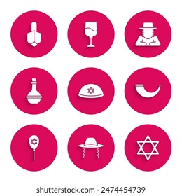 Set Jewish kippah, Orthodox jewish hat, Star of David, Traditional ram horn, shofar, Balloon with star david, wine bottle,  and Hanukkah dreidel icon. Vector