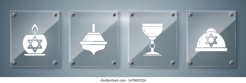 Set Jewish kippah with star of david, Jewish goblet, Hanukkah dreidel and Burning candle in candlestick with star of david. Square glass panels. Vector