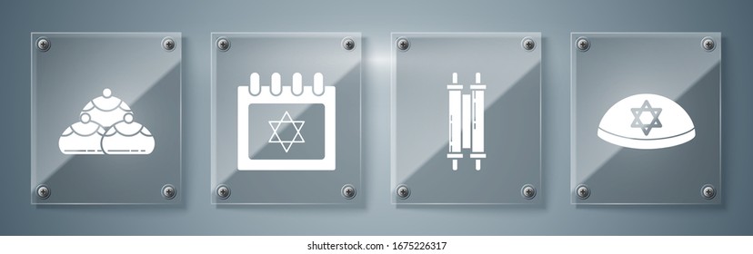 Set Jewish kippah with star of david, Torah scroll, Jewish calendar with star of david and Jewish sweet bakery. Square glass panels. Vector