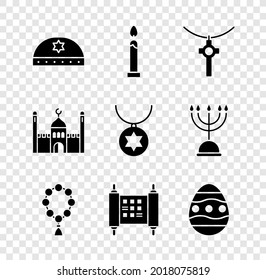 Set Jewish kippah with star of david, Burning candle, Christian cross on chain, Rosary beads religion, Decree, paper, parchment, scroll, Easter egg, Muslim Mosque and Star David necklace icon. Vector