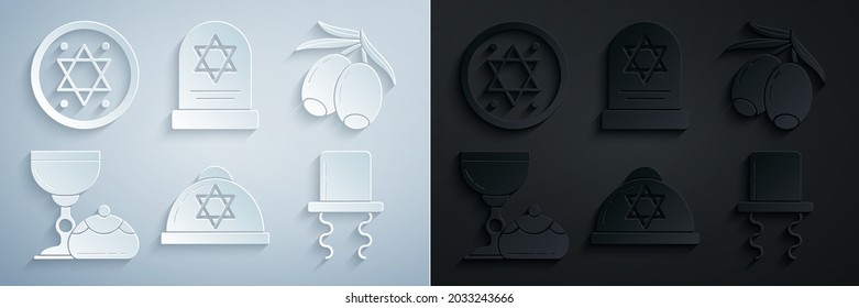 Set Jewish kippah with star of david, Olives branch, goblet and hanukkah sufganiyot, Orthodox jewish hat sidelocks, Tombstone and coin icon. Vector