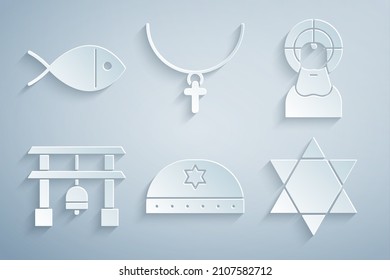Set Jewish kippah with star of david, Jesus Christ, Japan Gate, Star David, Christian cross on chain and fish icon. Vector
