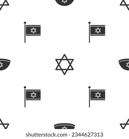 Set Jewish kippah, Star of David and Flag Israel on seamless pattern. Vector