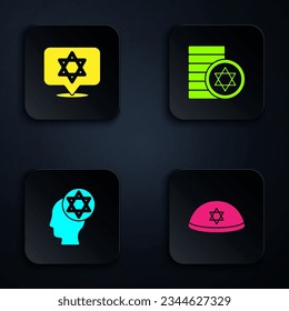 Set Jewish kippah, Star of David, Orthodox jewish hat and coin. Black square button. Vector