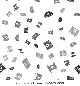 Set Jewish kippah, Torah scroll, calendar and Flag of Israel on seamless pattern. Vector