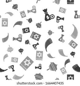 Set Jewish money bag with star of david and coin, Hanukkah dreidel, Traditional ram horn, shofar and Jewish torah book on seamless pattern. Vector