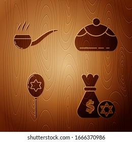 Set Jewish money bag with star of david and coin, Smoking pipe with smoke, Balloons with ribbon with star of david and Jewish sweet bakery on wooden background. Vector