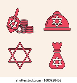 Set Jewish money bag with star of david, Hanukkah dreidel and coin, Jewish kippah with star of david and Star of David icon. Vector