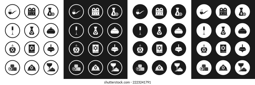 Set Jewish money bag with star of david and coin, goblet, Smoking pipe smoke, sweet bakery, Tombstone, Hanukkah dreidel and Burning candle candlestick icon. Vector