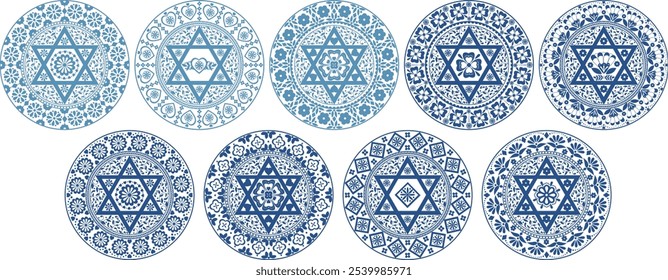 Set of Jewish motifs mandala in porcelain blue colors on transparent. Highly detailed blue lace mandalas illustrations with folk floral motifs and six pointed star. 