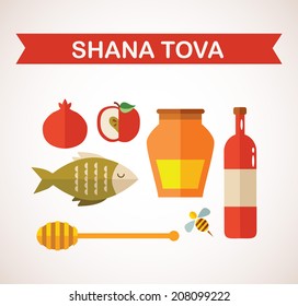 set of Jewish new year icons, Happy Shana Tova.  "Happy New Year" (Hebrew)