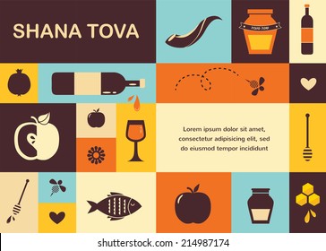 Conjunto de íconos judíos del año nuevo, Happy Shana Tova. Feliz Año Nuevo en hebreo