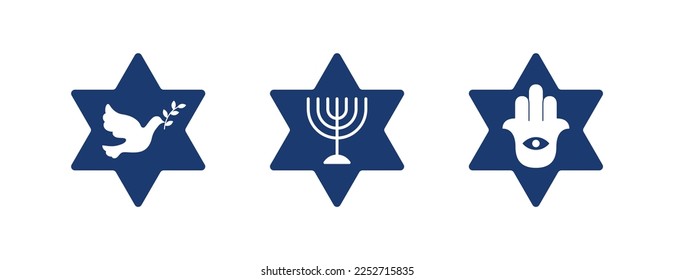 Set of Jewish stars with silhouettes of a dove with an olive branch in its beak, a minor and hand of Fatima hamsa, vector illustration
