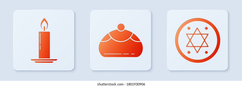 Set Jewish sweet bakery, Burning candle in candlestick and Jewish coin. White square button. Vector