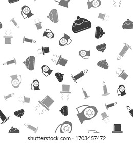 Set Jewish sweet bakery, Decanter with star of david, Burning candle in candlestick and Orthodox jewish hat with sidelocks on seamless pattern. Vector