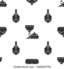 Set Jewish sweet bakery, Jewish goblet and hanukkah sufganiyot and Hanukkah dreidel on seamless pattern. Vector