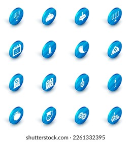 Set Jewish sweet bakery, Hanukkah dreidel, menorah, calendar with star of david, Tombstone, Burning candle in candlestick, kippah and Traditional ram horn, shofar icon. Vector