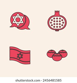 Set Jewish sweet bakery, Star of David, Pomegranate and Flag Israel icon. Vector