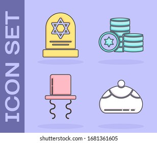 Set Jewish sweet bakery, Tombstone with star of david, Orthodox jewish hat with sidelocks and Jewish coin icon. Vector