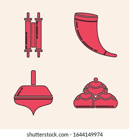 Set Jewish sweet bakery, Torah scroll, Traditional ram horn, shofar and Hanukkah dreidel icon. Vector