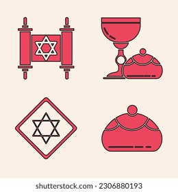 Set Jewish sweet bakery, Torah scroll, Jewish goblet and hanukkah sufganiyot and Star of David icon. Vector